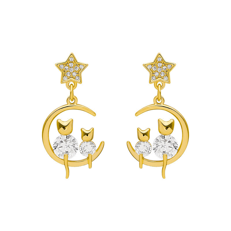 Zircon Cat Earrings Mesh Red Korean Edition Diamond Star Moon Earrings Elegant Versatile Women 925 Silver Needle Korean Personalized