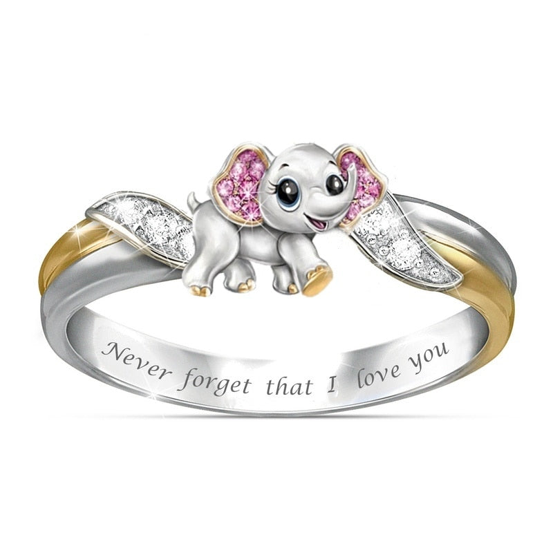 Ring Never Forget I Love You Silver Cute Pink Elephant Crystal Zircon Engagement  Accessories Lover's Gift Anniversary Jewelry