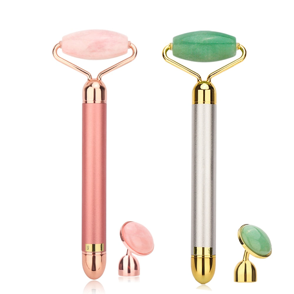 Vibrating Natural Rose Quartz Jade Roller Face Lifting Real Genuine Green Jade Stone Facial Roller Beauty Massage Tool