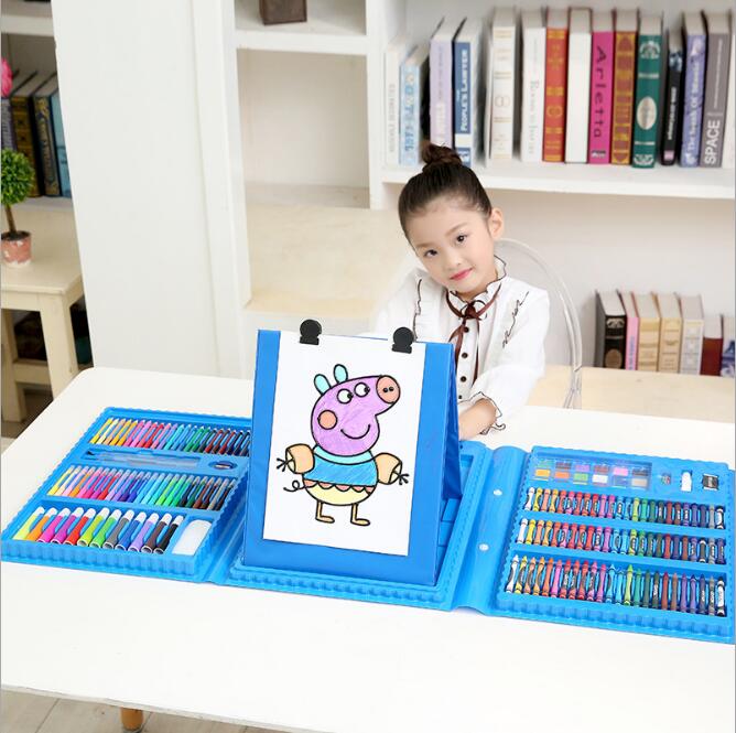 Art Learning Supplies 208-Piece with Easel Children's Painted Set Painting Watercolor Pen Brush Stationery Set