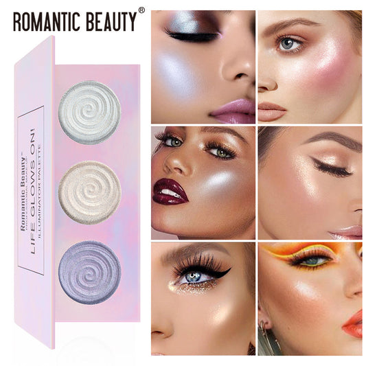 Romantic Beauty Tri-Color Baked Powder Highlighter Palette Pearl Glitter Highlighter Palette