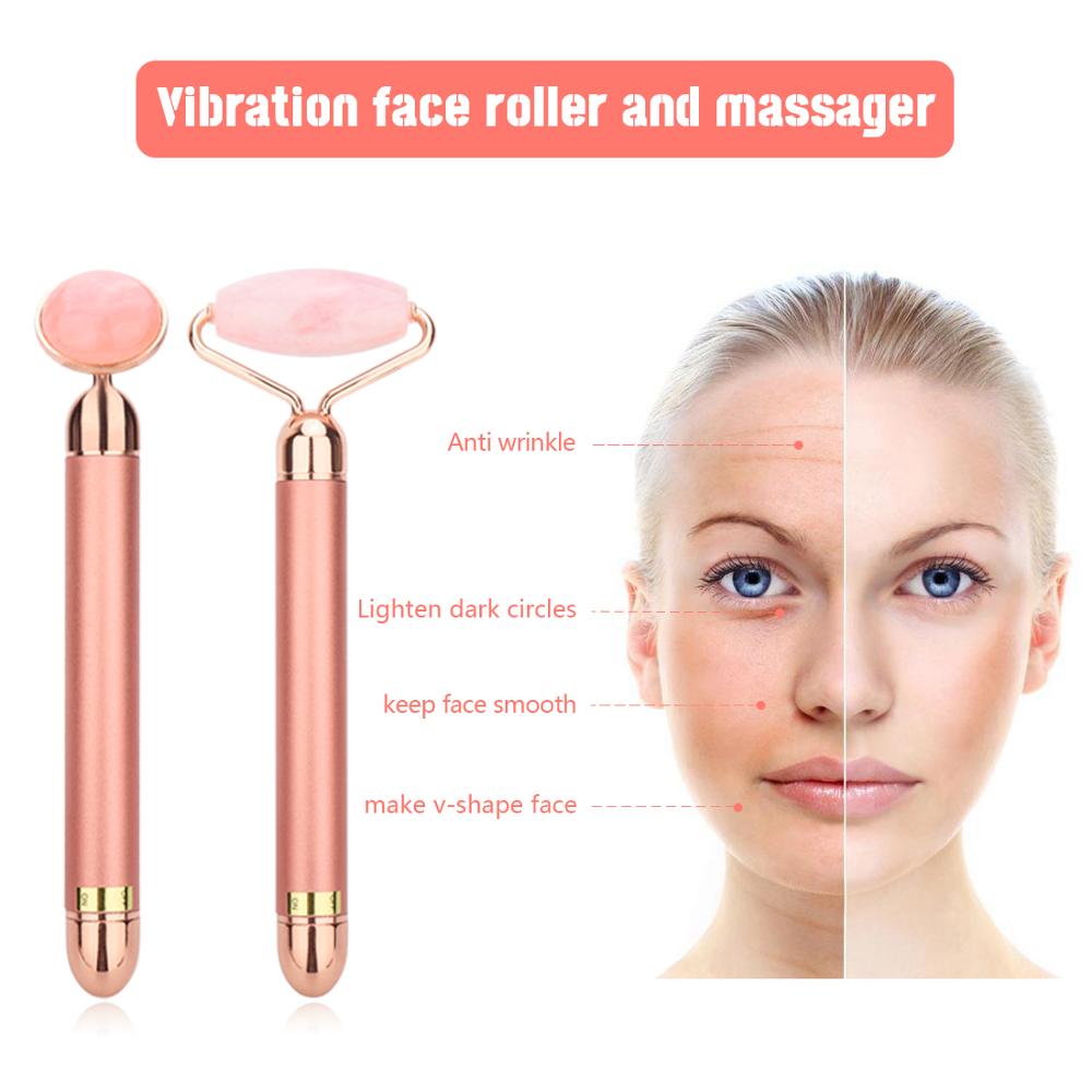 Vibrating Natural Rose Quartz Jade Roller Face Lifting Real Genuine Green Jade Stone Facial Roller Beauty Massage Tool