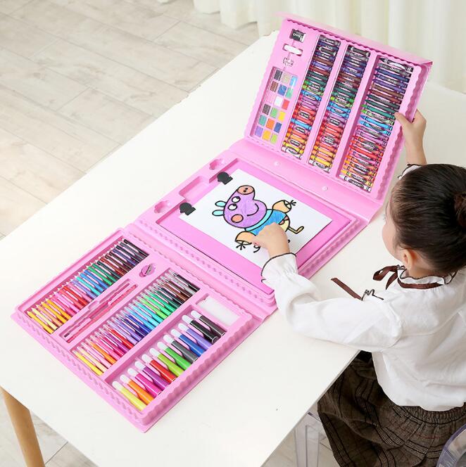 Art Learning Supplies 208-Piece with Easel Children's Painted Set Painting Watercolor Pen Brush Stationery Set