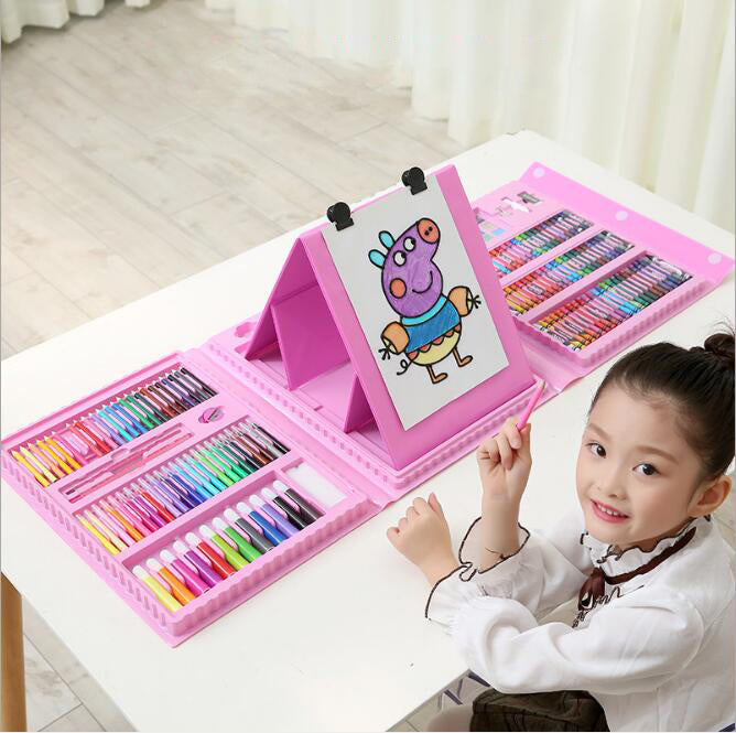 Art Learning Supplies 208-Piece with Easel Children's Painted Set Painting Watercolor Pen Brush Stationery Set