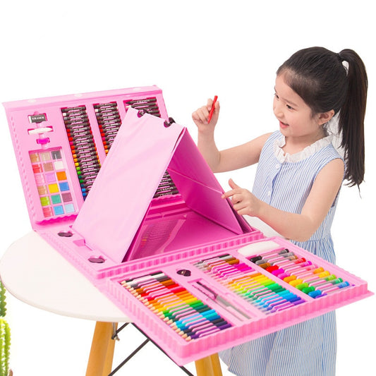 Art Learning Supplies 208-Piece with Easel Children's Painted Set Painting Watercolor Pen Brush Stationery Set