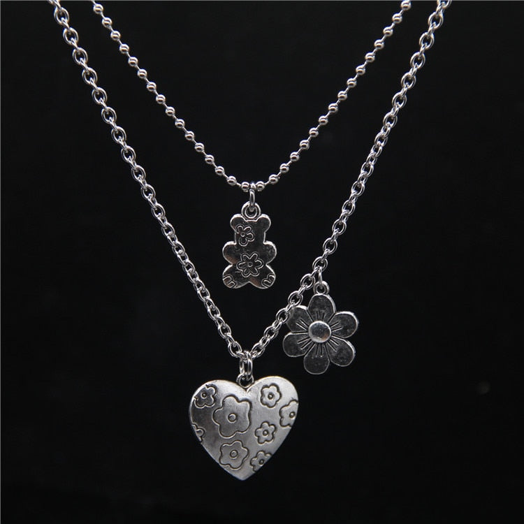 Necklace Pendant Punk Rock Flower Bear Heart  Hip Hop Fashion Jewelry Cool For Women Girl Gifts Accessories Party Nightclub Gifts