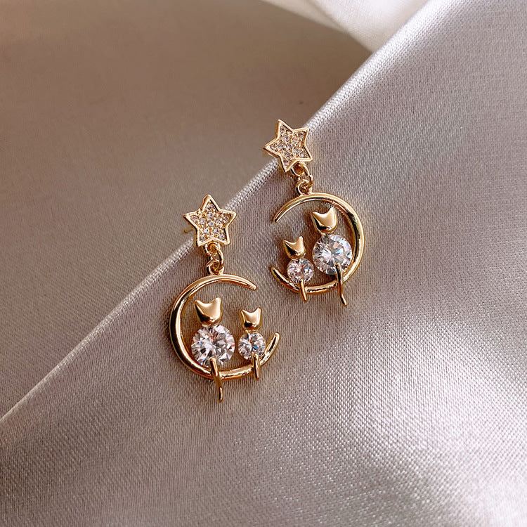 Zircon Cat Earrings Mesh Red Korean Edition Diamond Star Moon Earrings Elegant Versatile Women 925 Silver Needle Korean Personalized