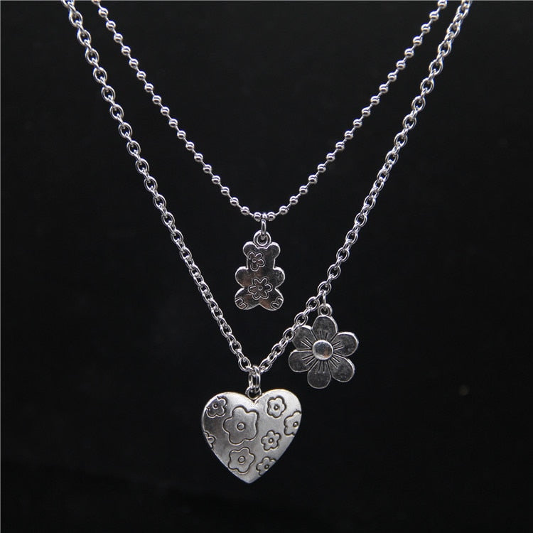 Necklace Pendant Punk Rock Flower Bear Heart  Hip Hop Fashion Jewelry Cool For Women Girl Gifts Accessories Party Nightclub Gifts