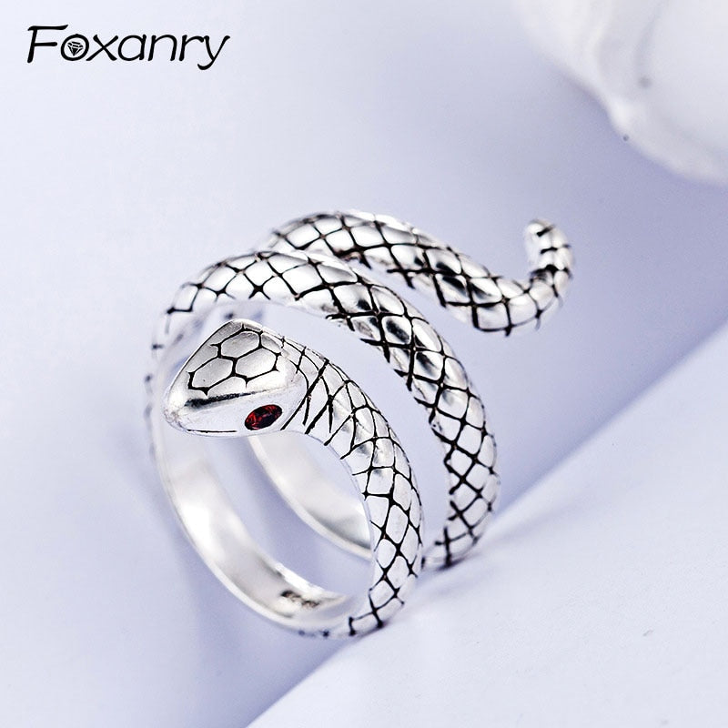 Foxanry Vintage Simple Cute Snake Rings 925 Sterling Silver anillos Party Jewelry Gifts for Women Couples Wedding Accessories