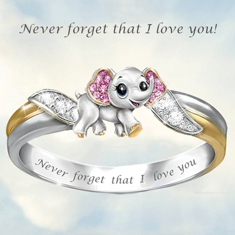 Ring Never Forget I Love You Silver Cute Pink Elephant Crystal Zircon Engagement  Accessories Lover's Gift Anniversary Jewelry