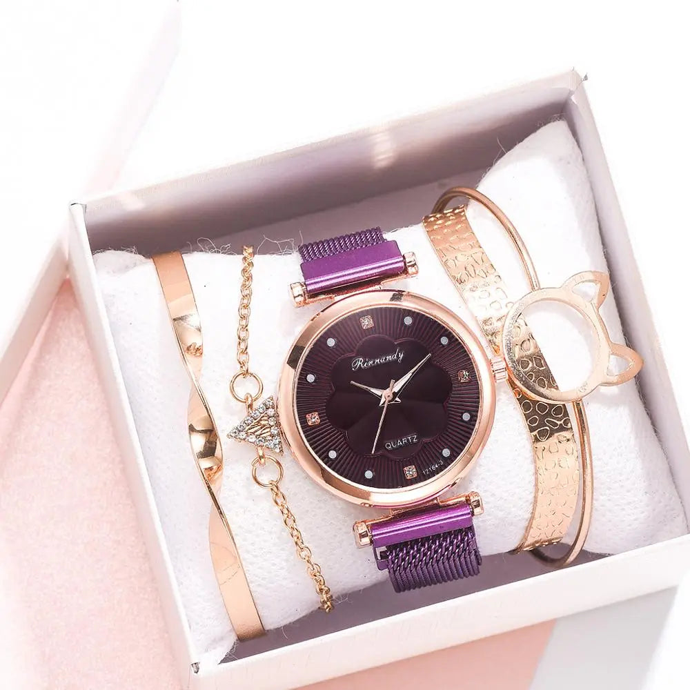 Fashion 5pcs Set Women Watches Luxury Magnet Buckle Flower Rhinestone Watch Ladies Quartz Wrist Watch Bracelet Set Reloj Mujer