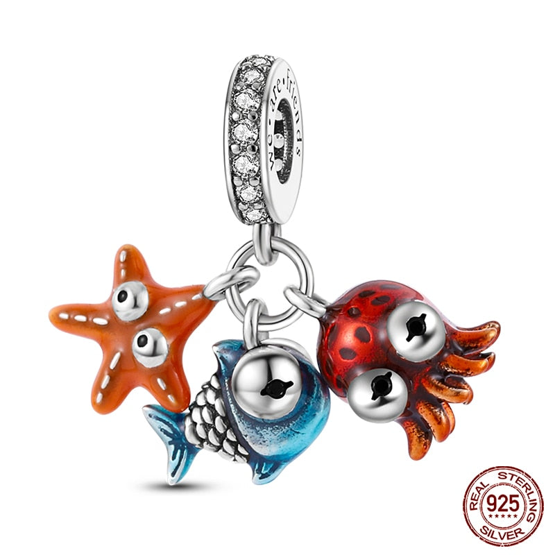 Charm 925 Sterling Silver Ocean Series Crab Turtle Mermaid Charms Beads Fit Original Pandora Bracelets Bangle Jewelry Gifts