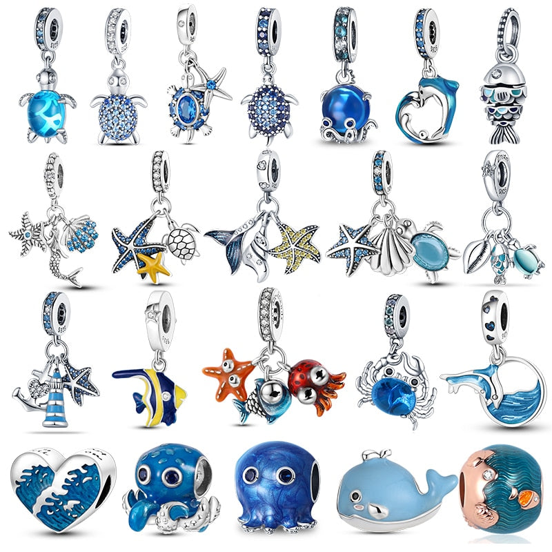 Charm 925 Sterling Silver Ocean Series Crab Turtle Mermaid Charms Beads Fit Original Pandora Bracelets Bangle Jewelry Gifts