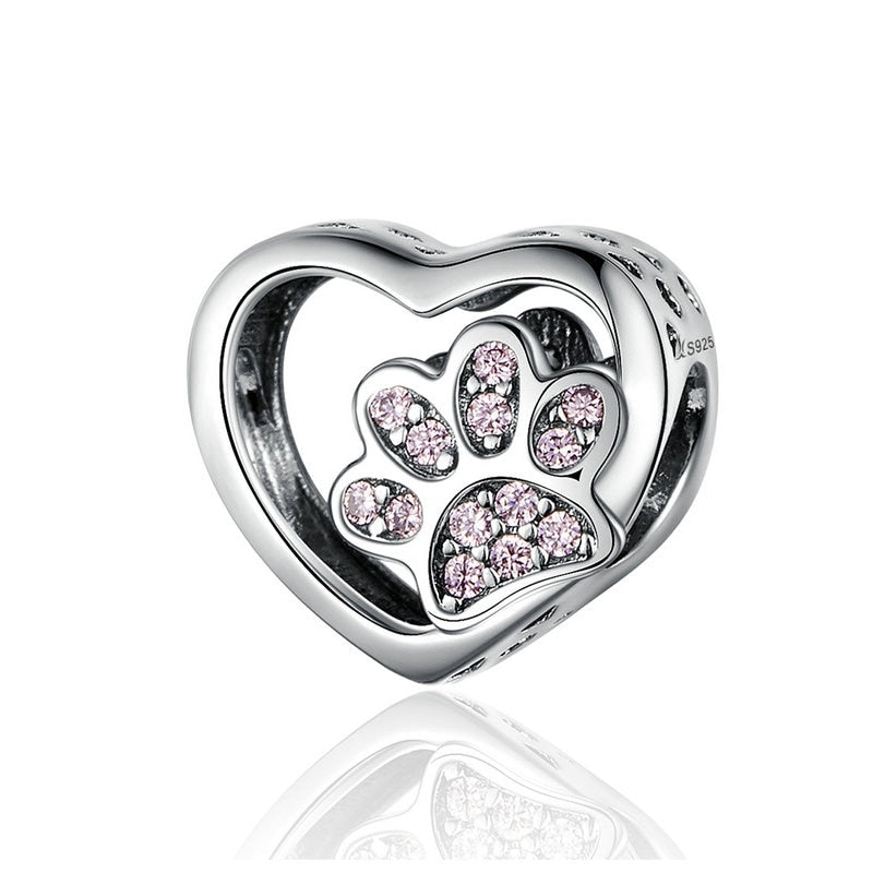 BAMOER 925 Sterling Silver Heart-Shape Collection Charms Cat Love Paw Footprints