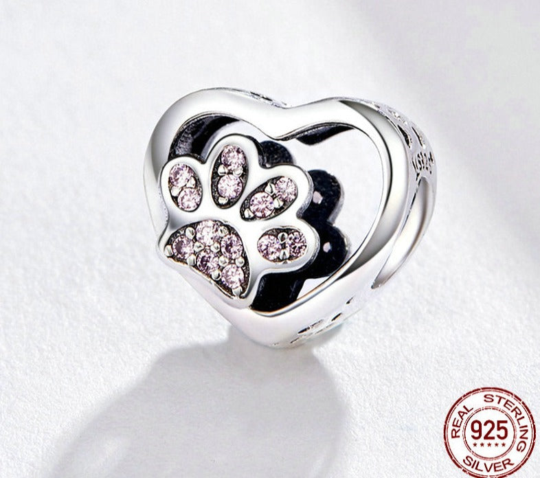 BAMOER 925 Sterling Silver Heart-Shape Collection Charms Cat Love Paw Footprints