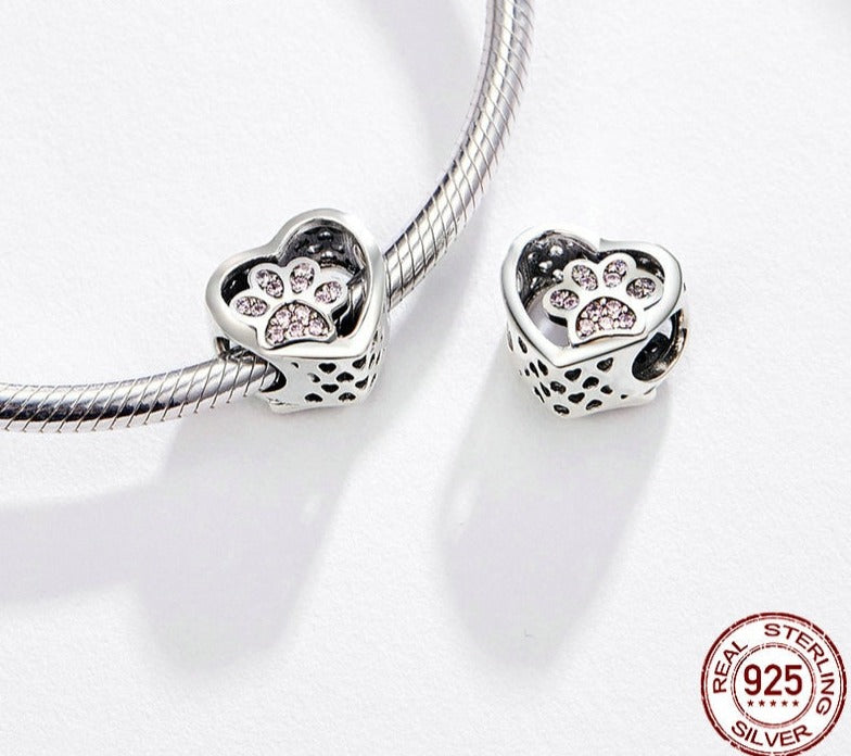 BAMOER 925 Sterling Silver Heart-Shape Collection Charms Cat Love Paw Footprints