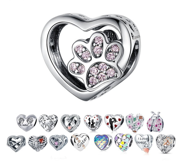 BAMOER 925 Sterling Silver Heart-Shape Collection Charms Cat Love Paw Footprints